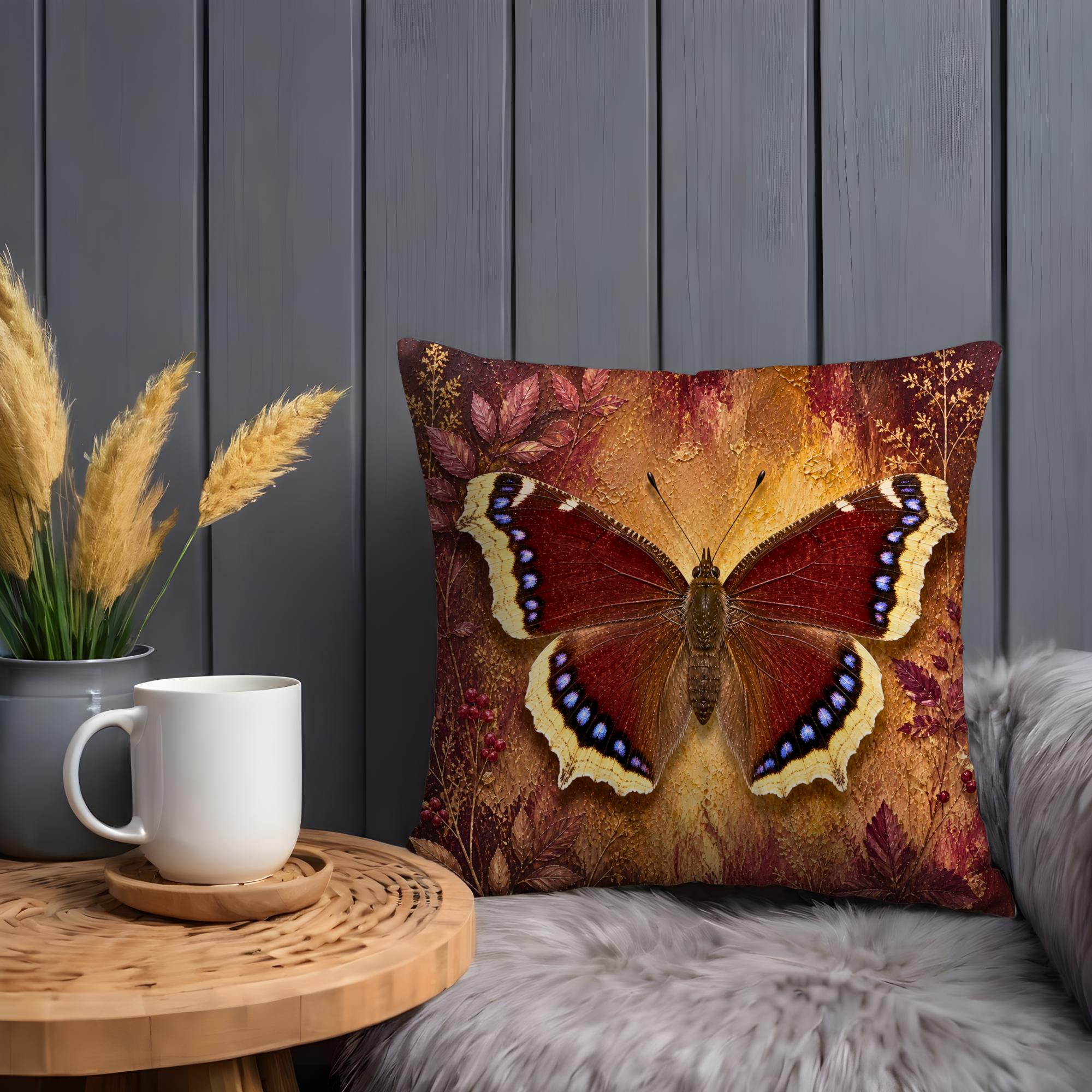 Mourning Cloak Butterfly Pillow Cover | Red Autumn Art | Nature Decor