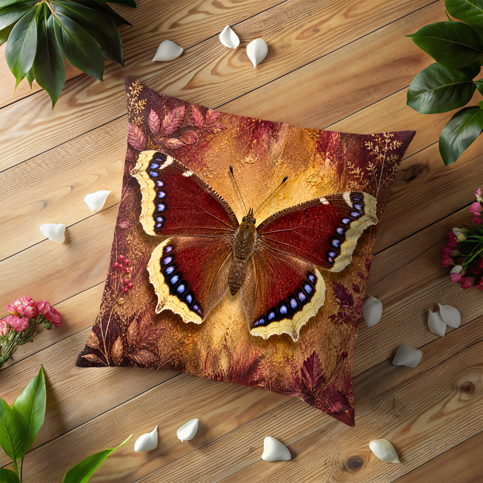 Mourning Cloak Butterfly Pillow Cover | Red Autumn Art | Nature Decor