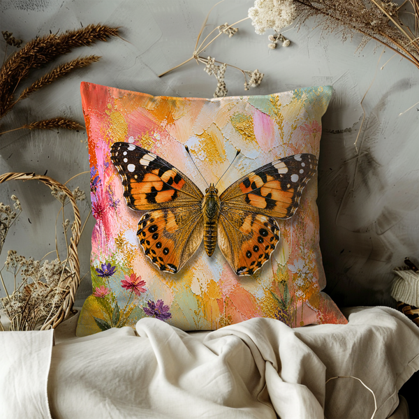 Painted Lady Butterfly Pillow Cover – Vibrant Insect Art | Nature Decor