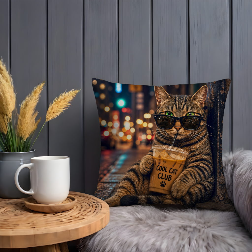 Cool Cat Coffee Pillow Cover | Funny Cat Art | Humorous Decor