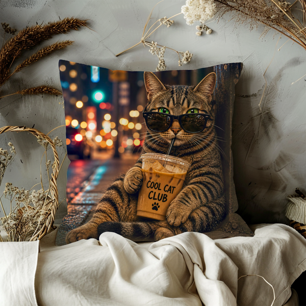 Cool Cat Coffee Pillow Cover – Funny Cat Art | Humorous Decor