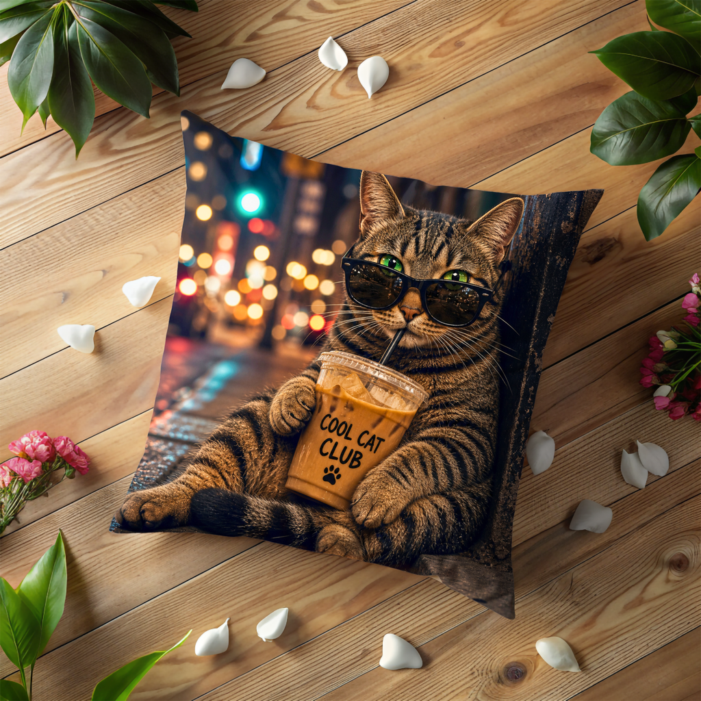 Cool Cat Coffee Pillow Cover | Funny Cat Art | Humorous Decor