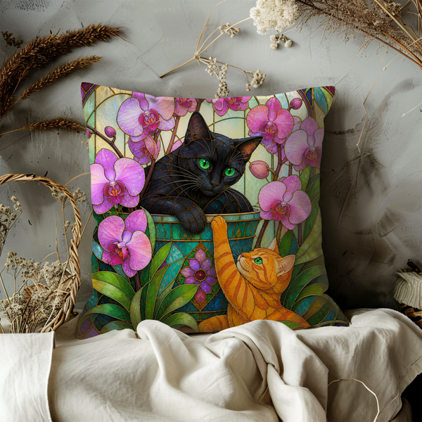 Stained Glass Cats Pillow Cover | Elegant Animal Art | Vibrant Decor