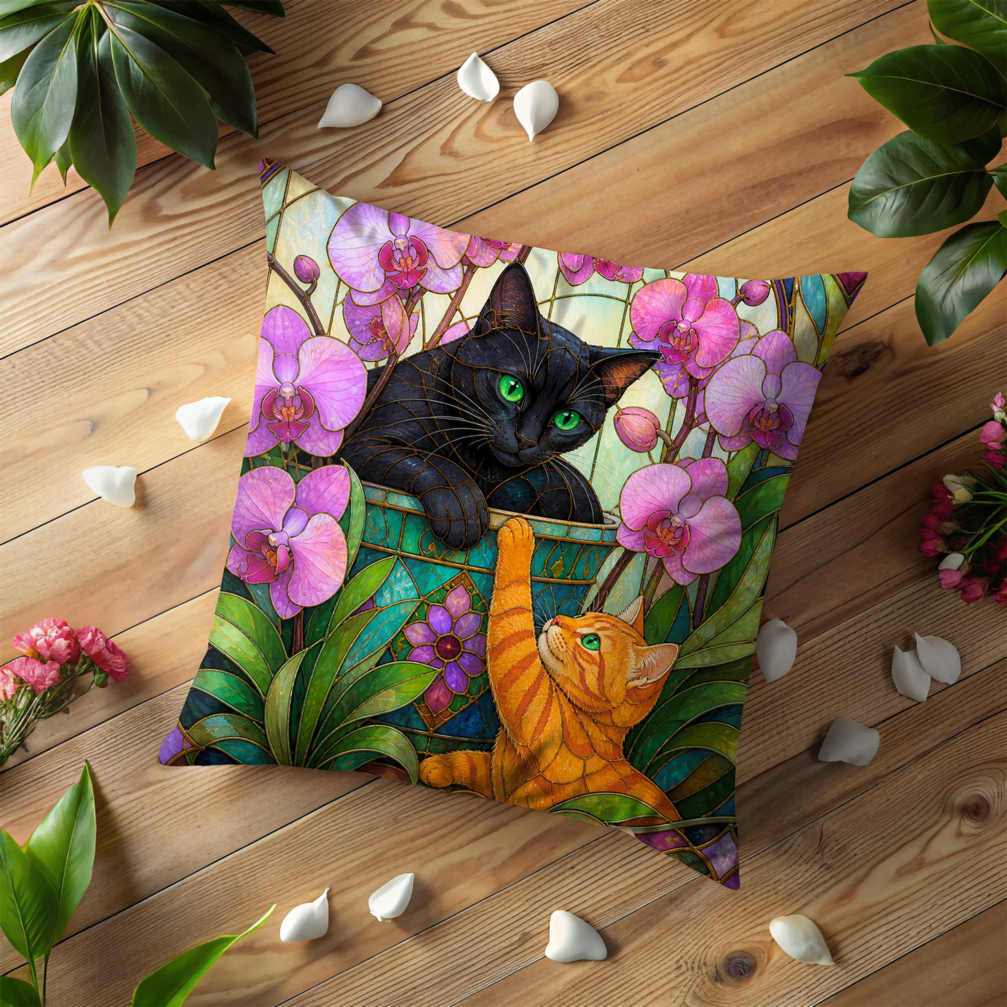 Stained Glass Cats Pillow Cover | Elegant Animal Art | Vibrant Decor