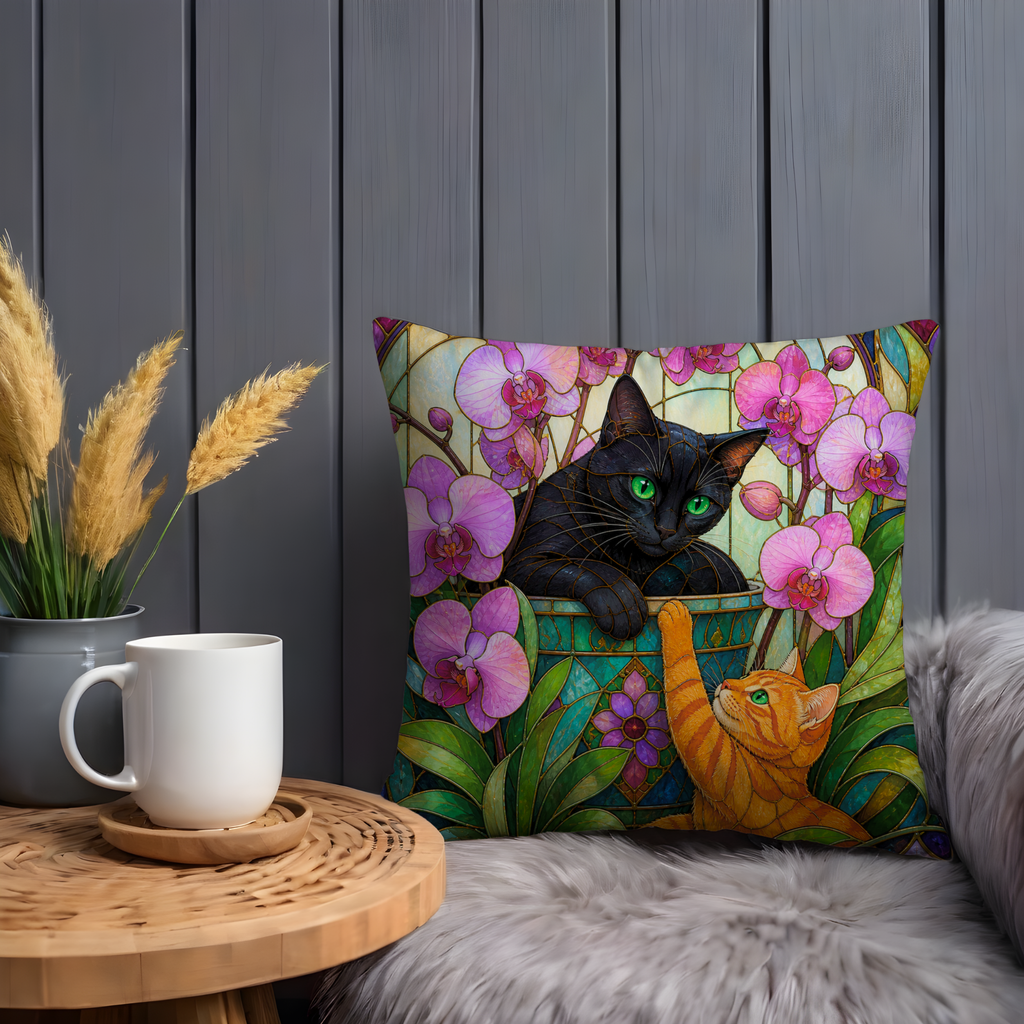 Stained Glass Cats Pillow Cover | Elegant Animal Art | Vibrant Decor
