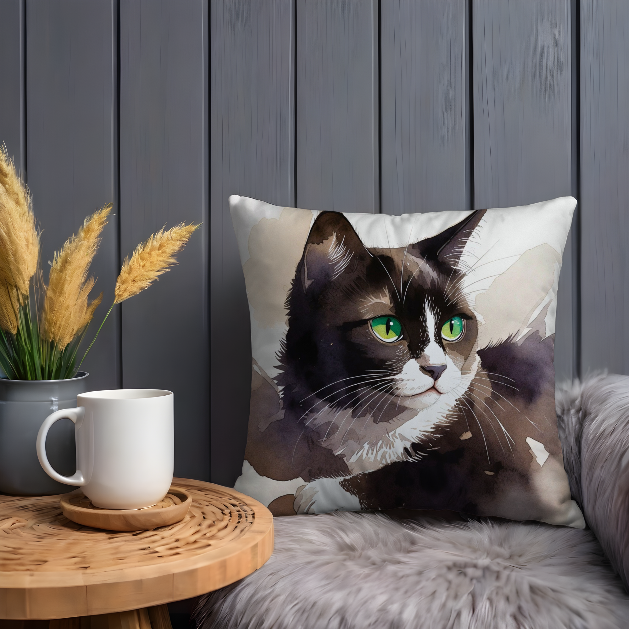 Black White Cat Pillow Cover | Watercolor Cat Art | Pet Decor