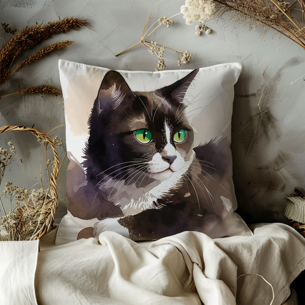 Black White Cat Pillow Cover – Watercolor Cat Art | Pet Decor