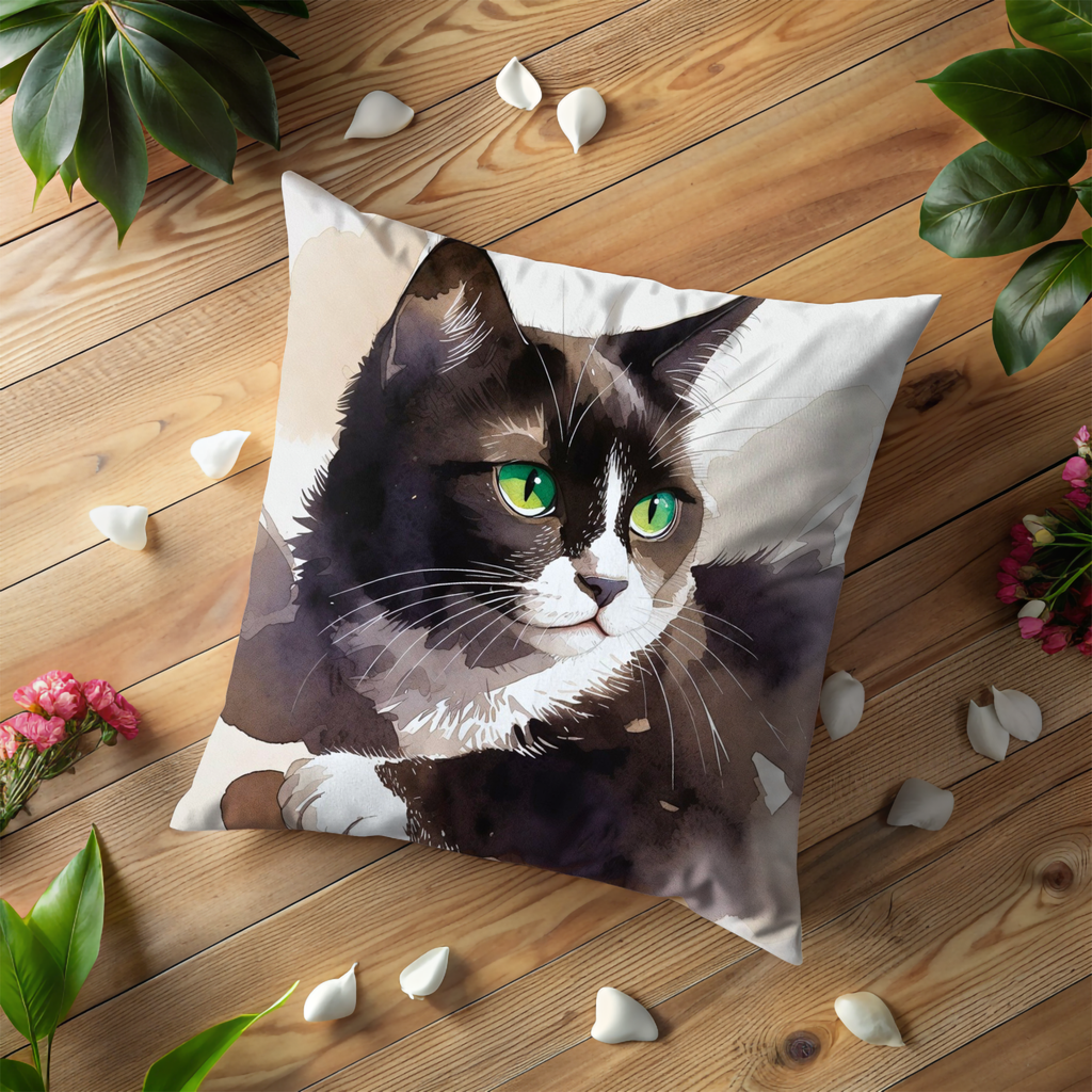 Black White Cat Pillow Cover | Watercolor Cat Art | Pet Decor