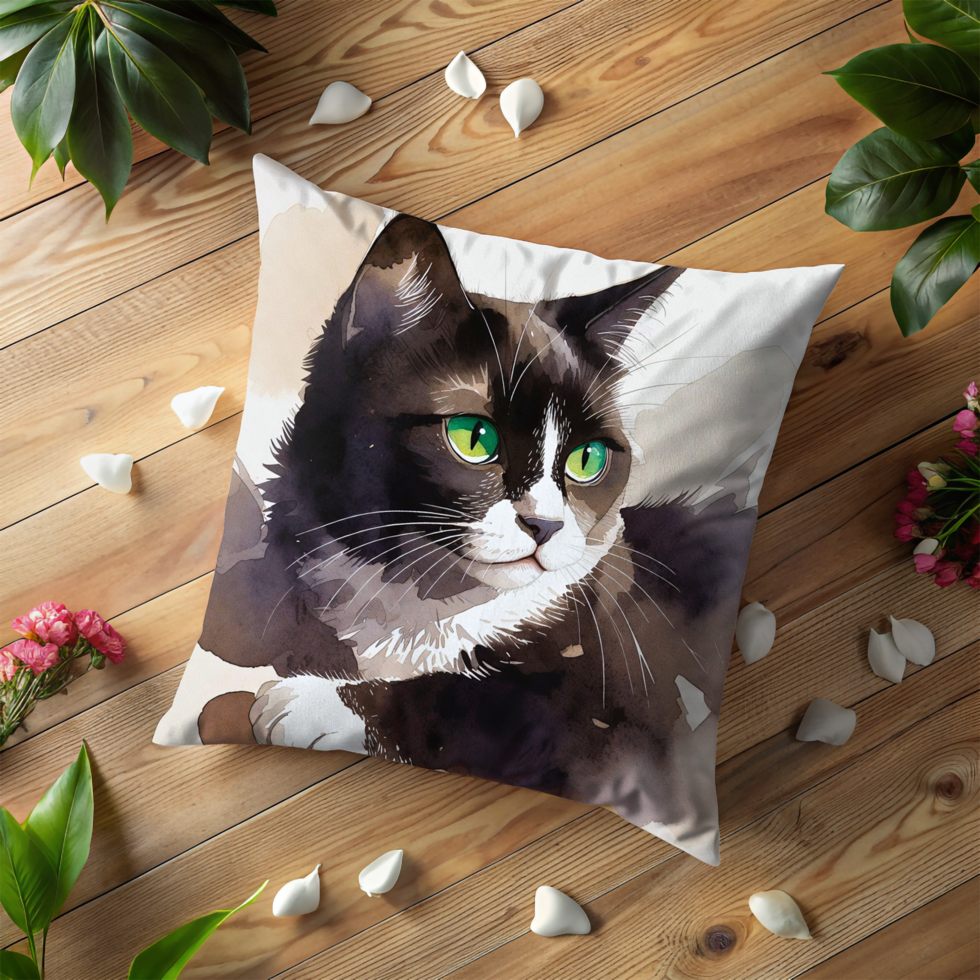Black White Cat Pillow Cover | Watercolor Cat Art | Pet Decor