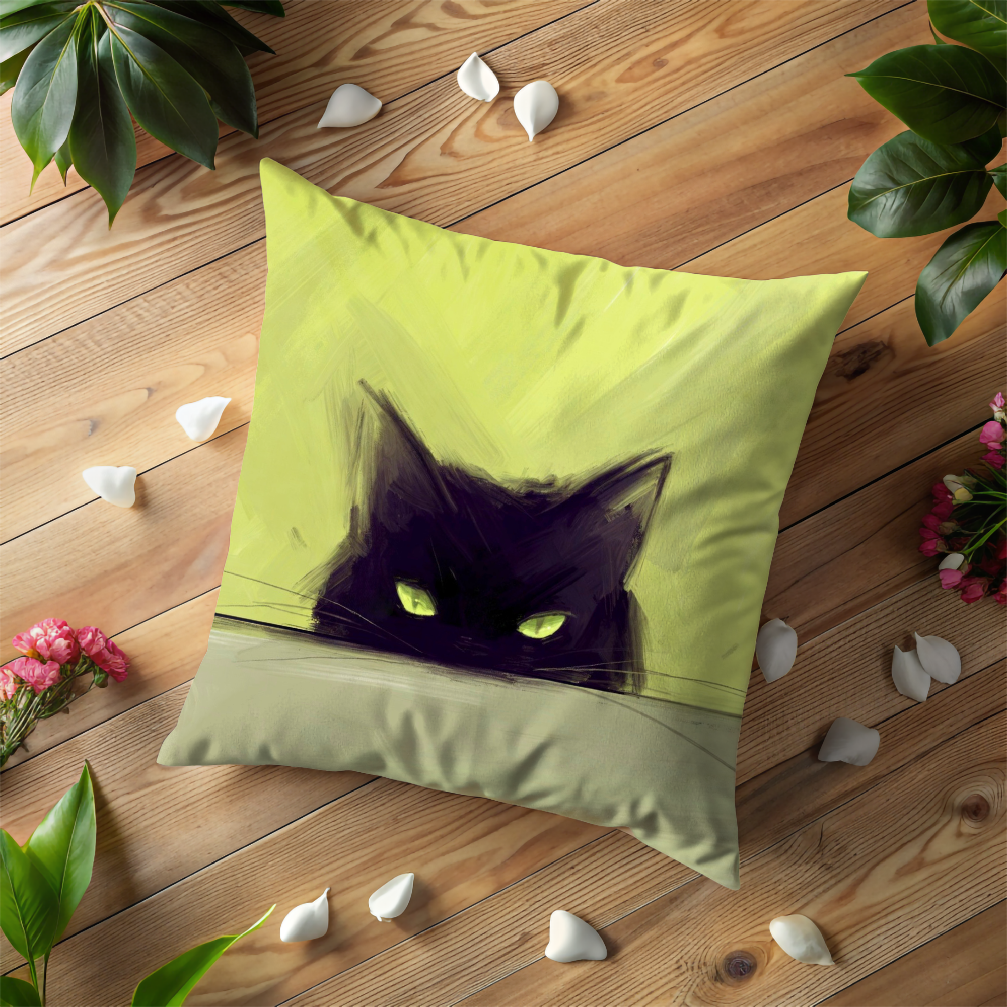 Black Cat Pillow Cover | Cute Animal Art | Vibrant Nature Decor