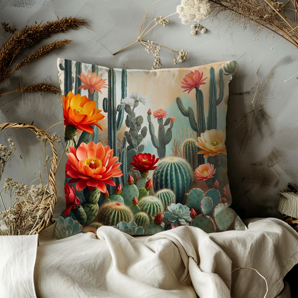 Cactus Bloom Pillow Cover – Desert Floral Art | Southwestern Decor