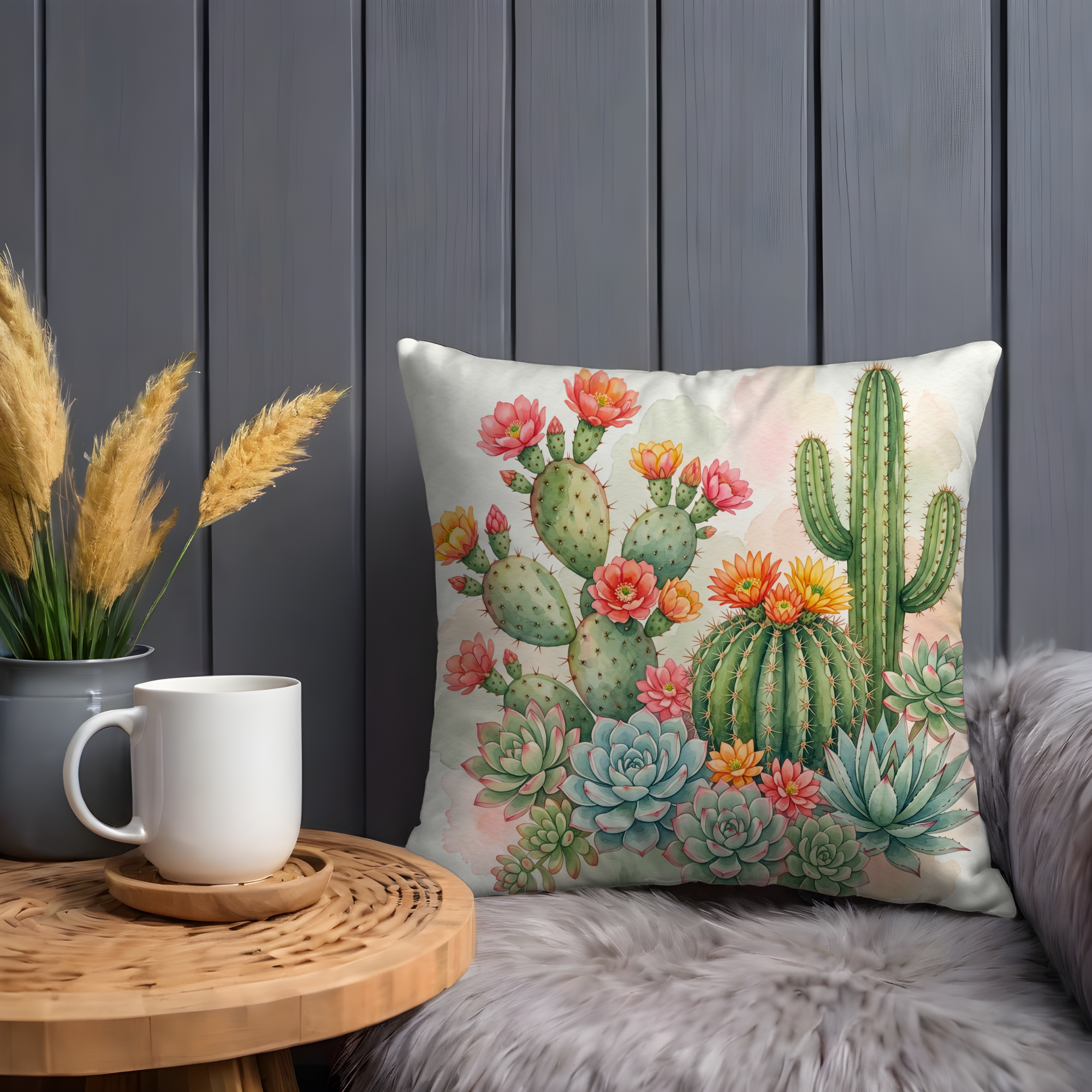 Succulent Cactus Pillow Cover | Desert Floral Art | Southwestern Decor