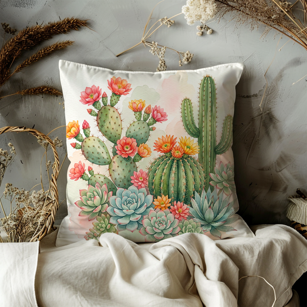 Succulent Cactus Pillow Cover – Desert Floral Art | Southwestern Decor