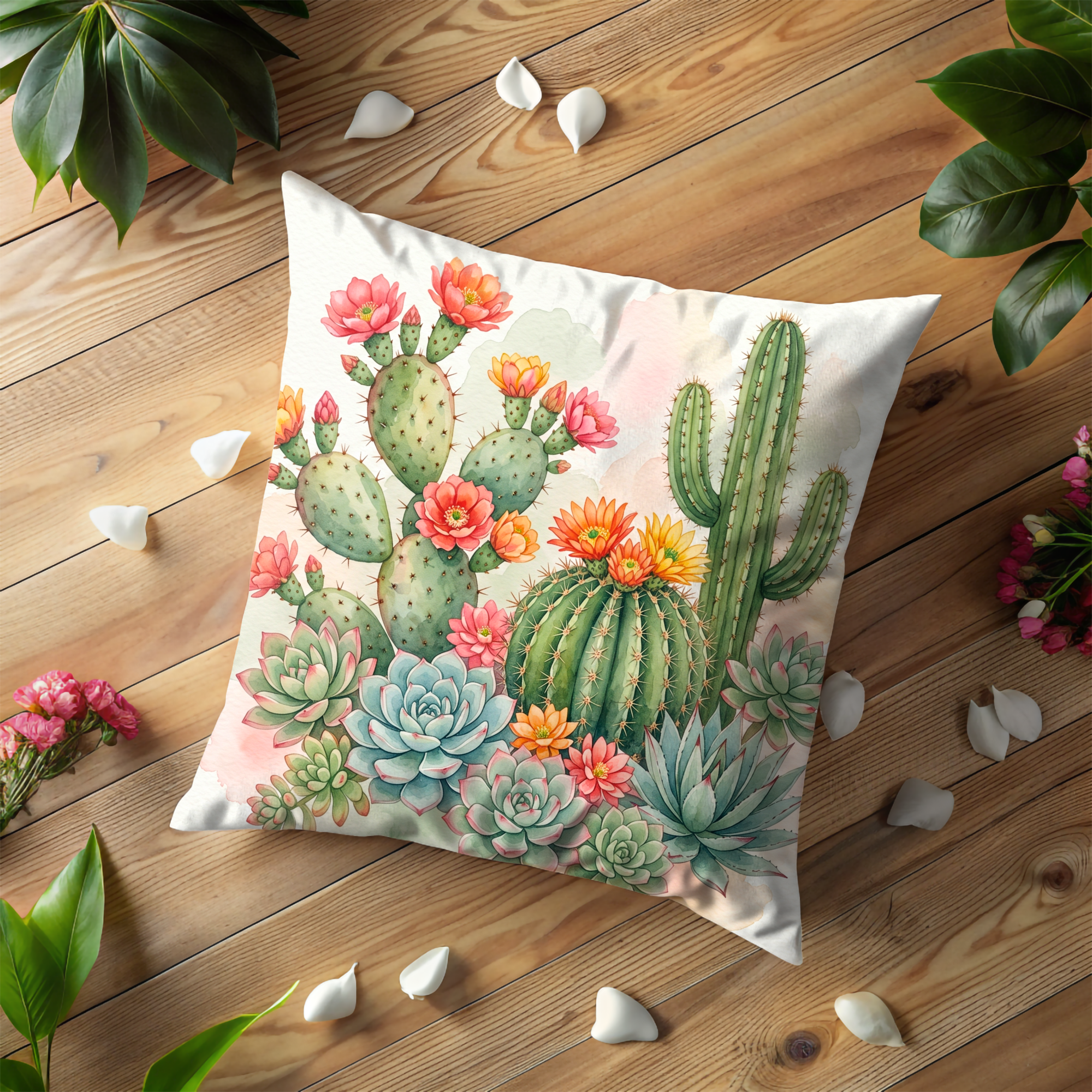 Succulent Cactus Pillow Cover | Desert Floral Art | Southwestern Decor