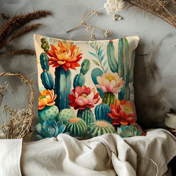 Cactus Bloom Pillow Cover – Vibrant Desert Art | Bold Nature Decor