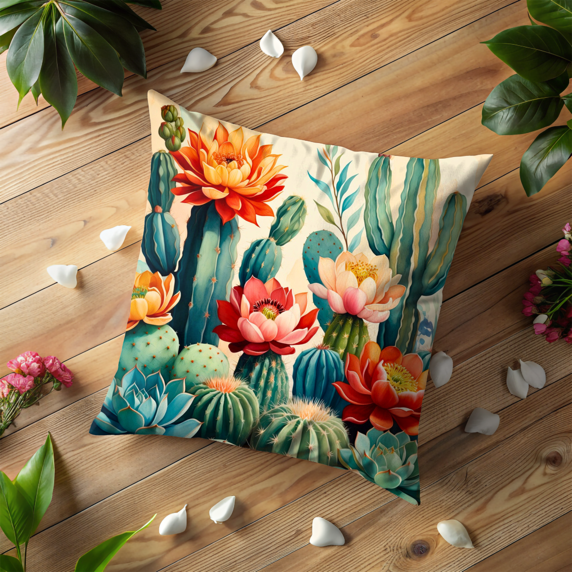 Cactus Bloom Pillow Cover | Vibrant Desert Art | Bold Nature Decor
