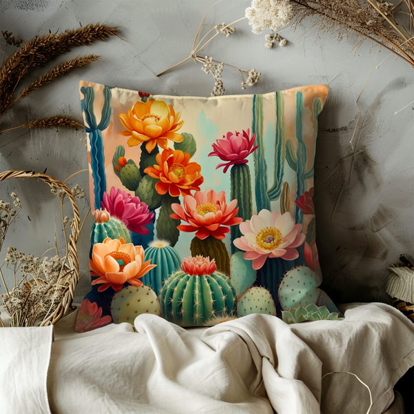 Flowering Cactus Pillow Cover – Desert Floral Art | Southwestern Decor