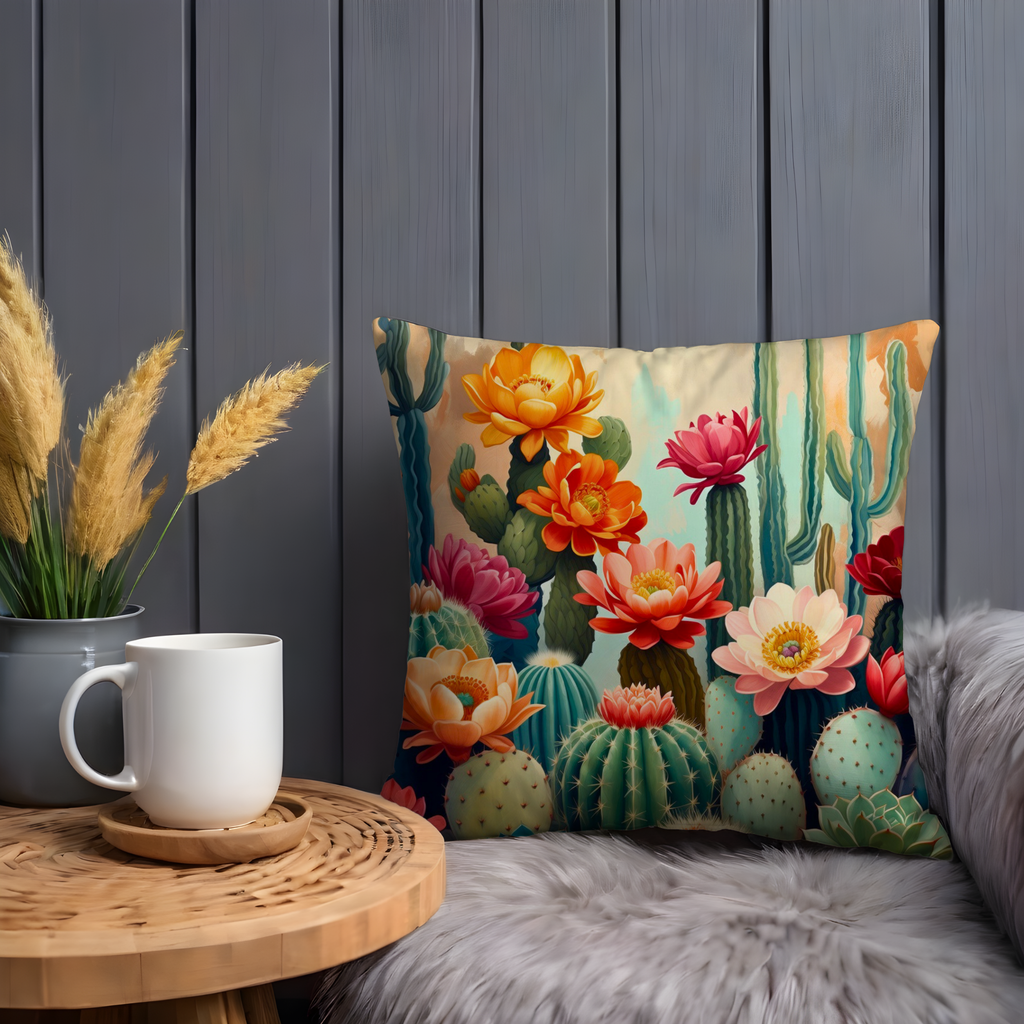 Flowering Cactus Pillow Cover | Desert Floral Art | Southwestern Decor