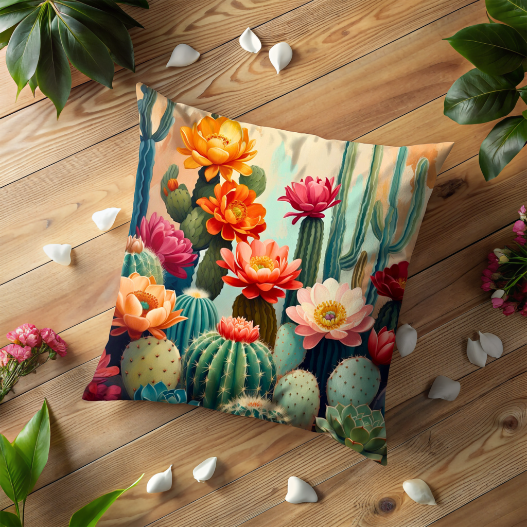 Flowering Cactus Pillow Cover | Desert Floral Art | Southwestern Decor