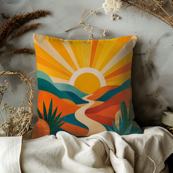 Sunset Landscape Pillow Cover – Abstract Nature Art | Warm Decor