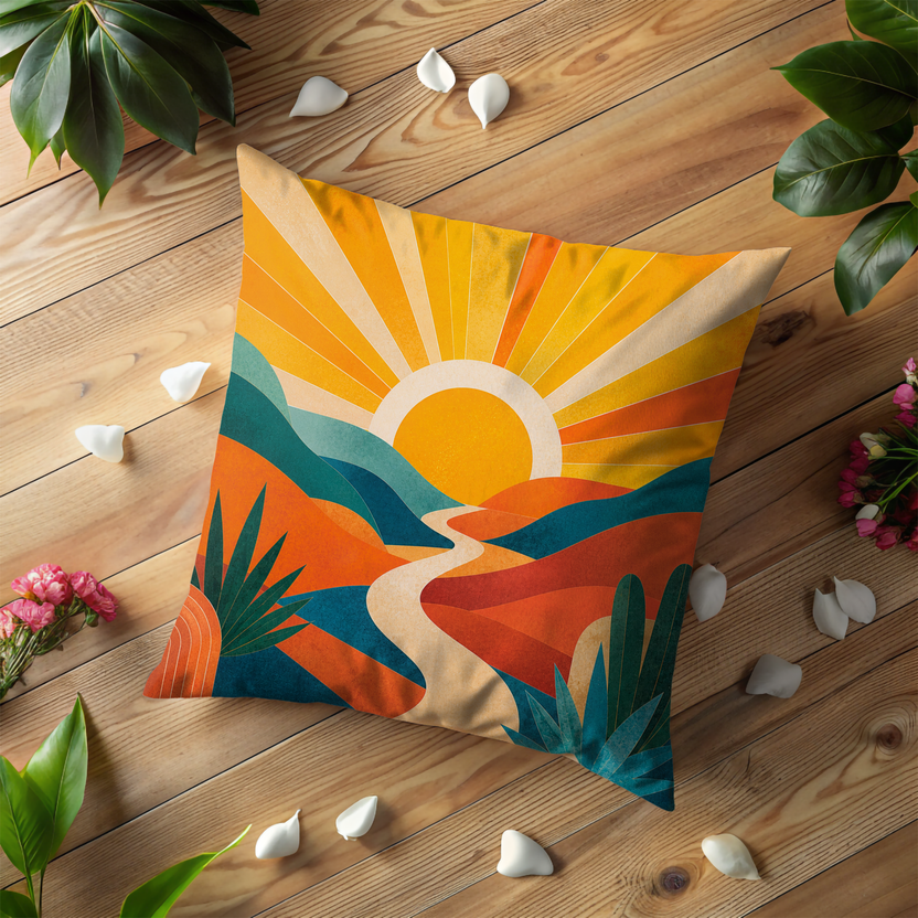 Sunset Landscape Pillow Cover – Abstract Nature Art | Warm Decor