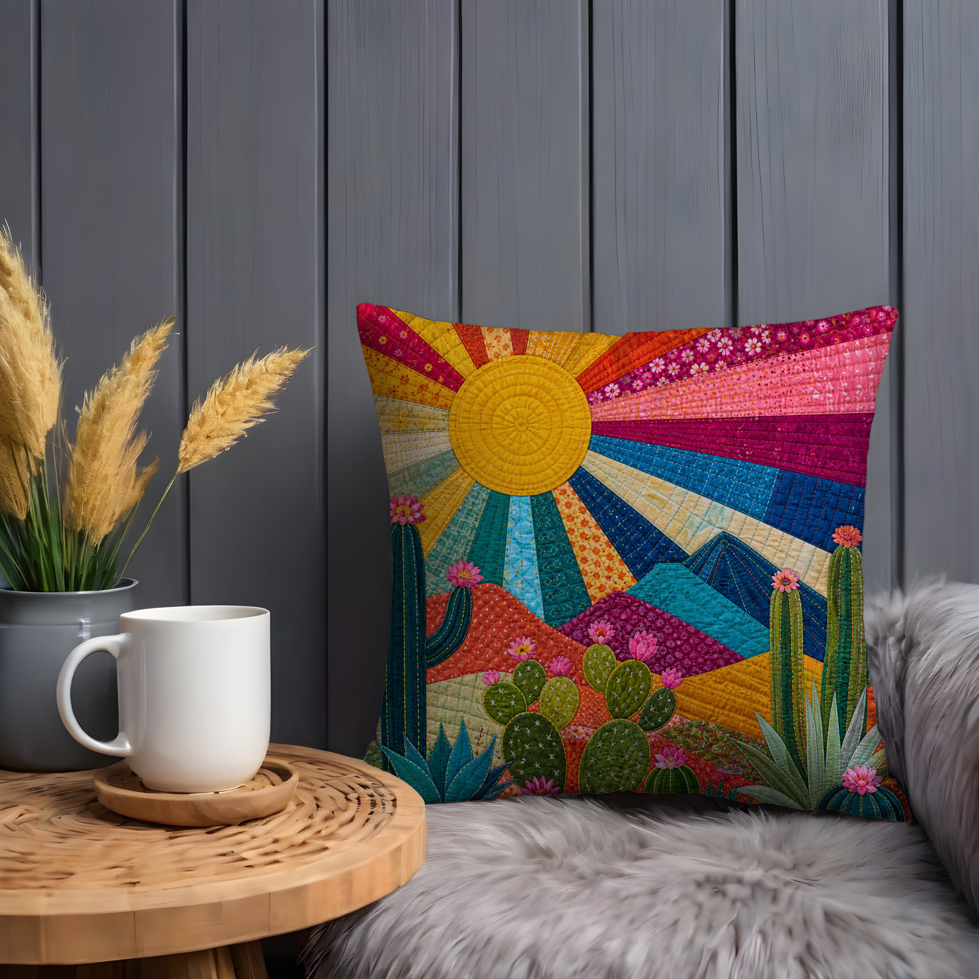 Quilted Desert Sunset Pillow Cover | Southwestern Art | Boho Decor