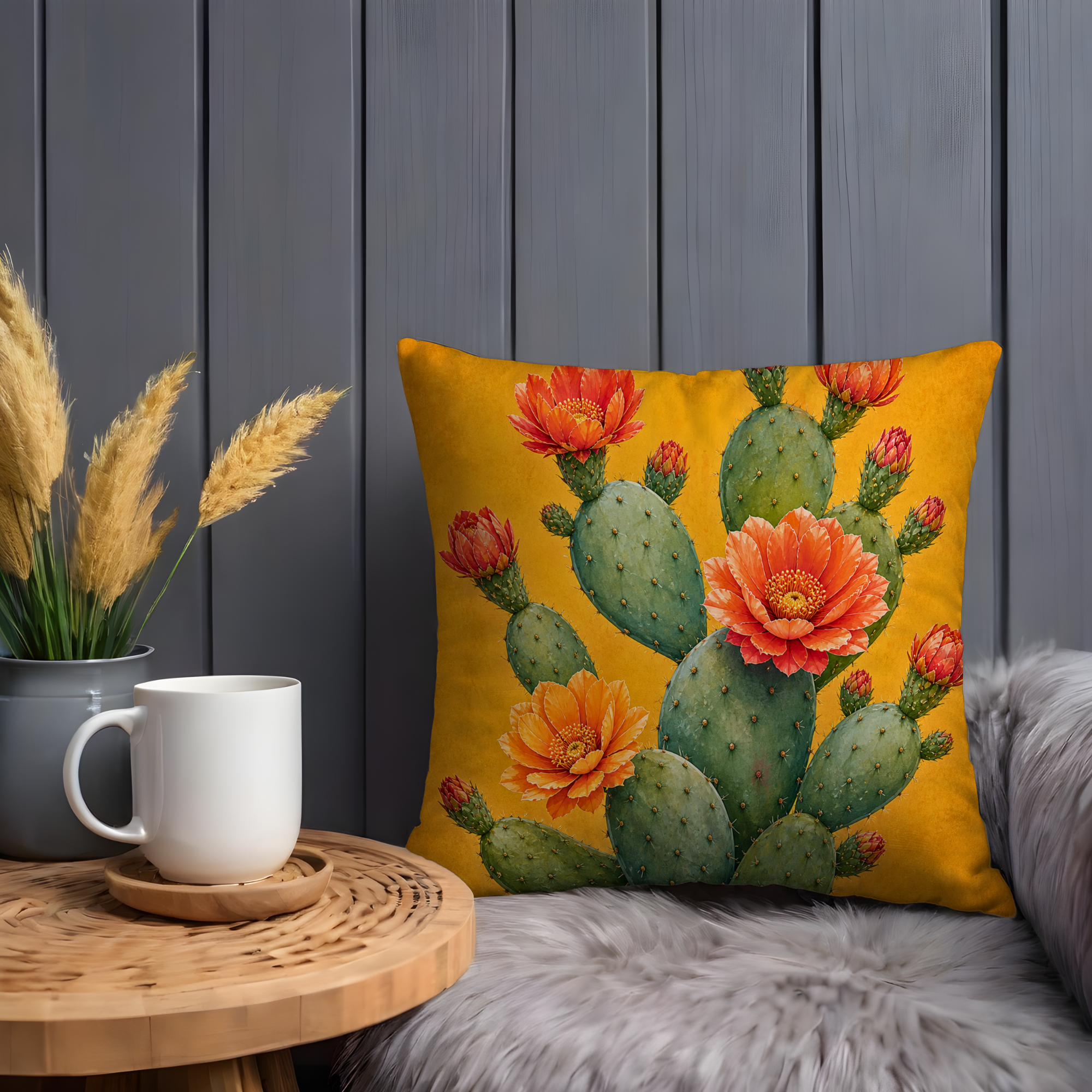 Prickly Pear Cactus Pillow Cover | Vibrant Desert Art | Bold Nature Decor