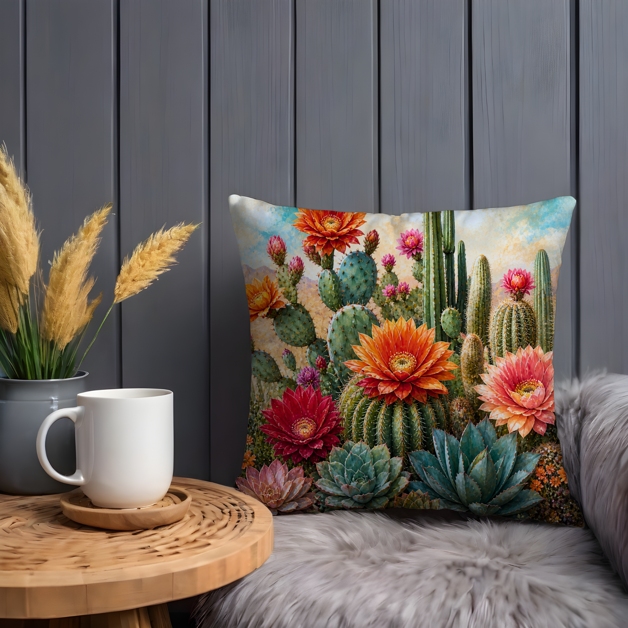 Blooming Desert Garden Pillow Cover | Cactus Floral Art | Southwestern Decor