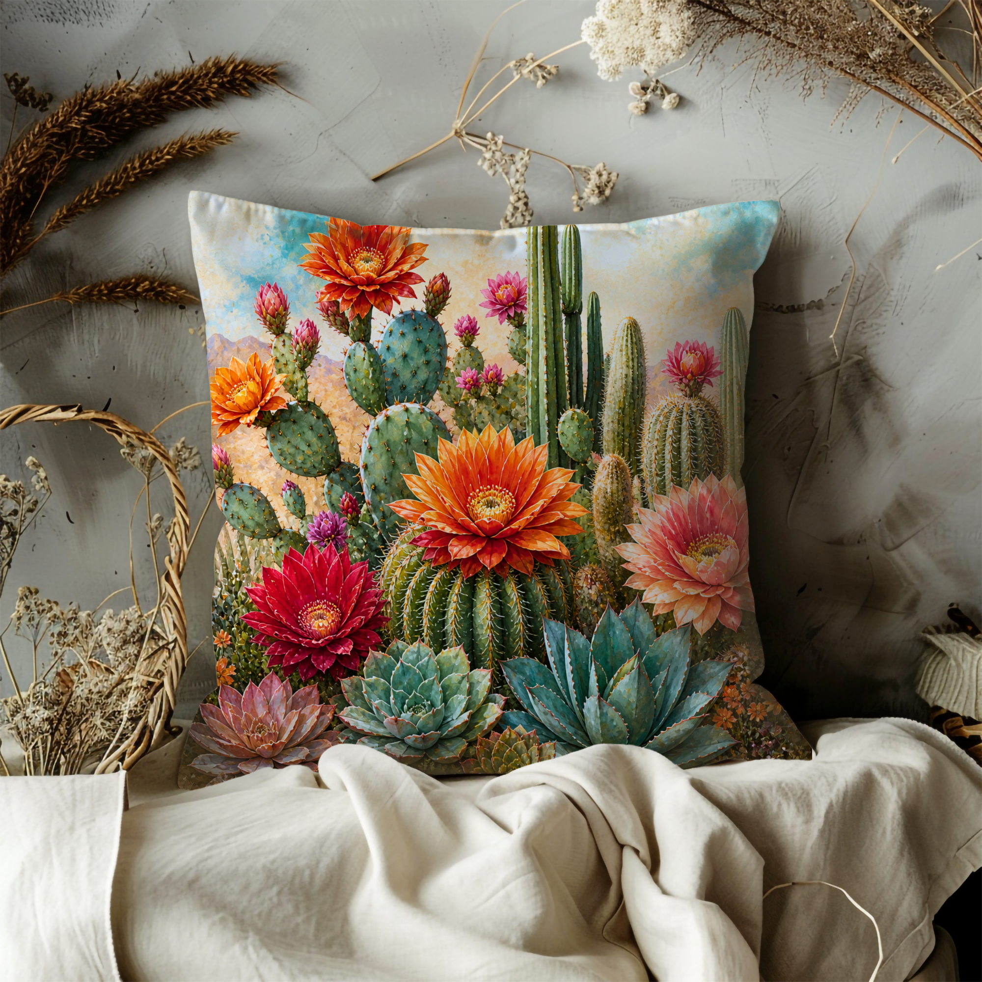 Blooming Desert Garden Pillow Cover | Cactus Floral Art | Southwestern Decor