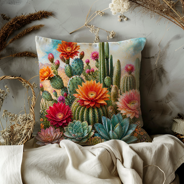 Blooming Desert Garden Pillow Cover – Cactus Floral Art | Southwestern Decor
