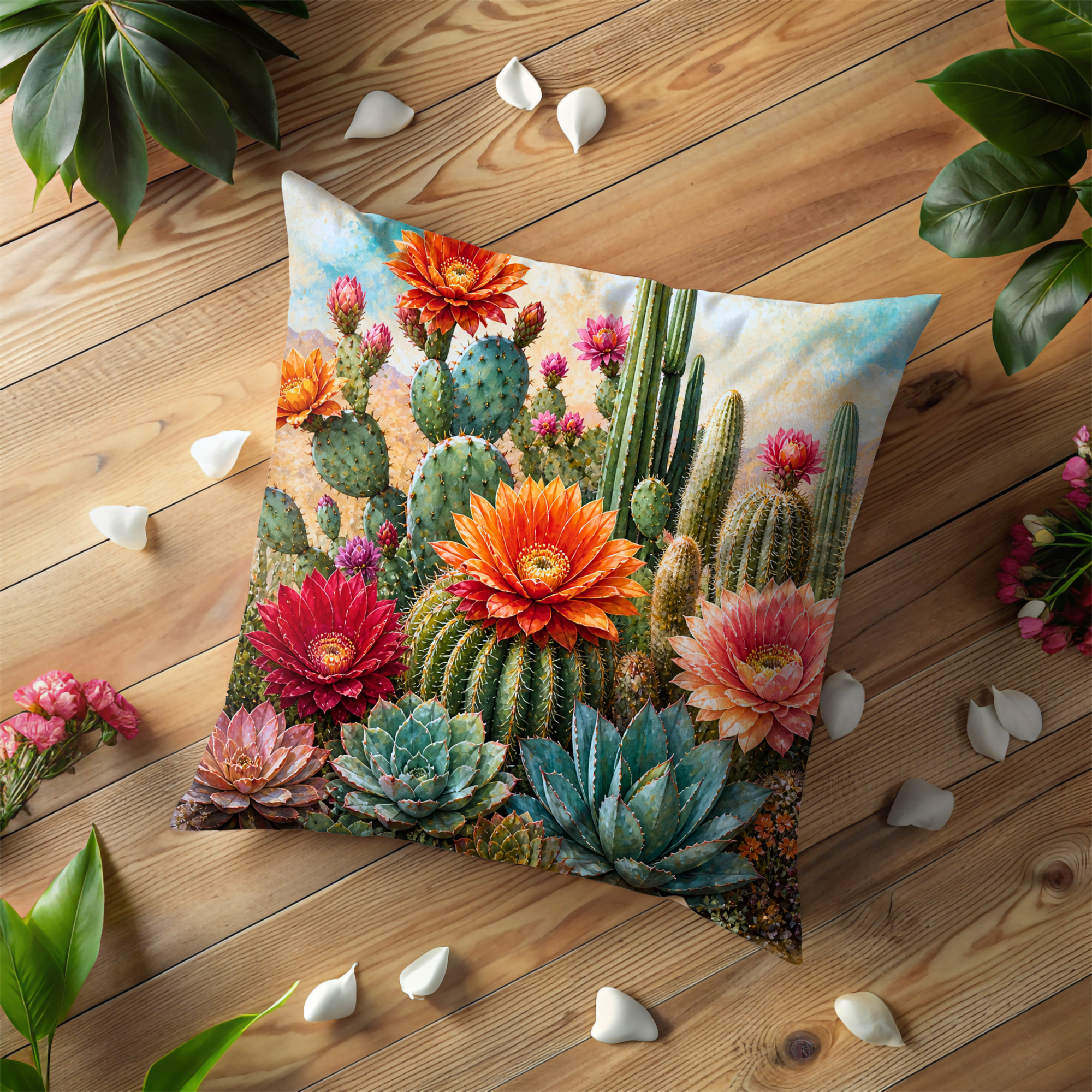 Blooming Desert Garden Pillow Cover | Cactus Floral Art | Southwestern Decor
