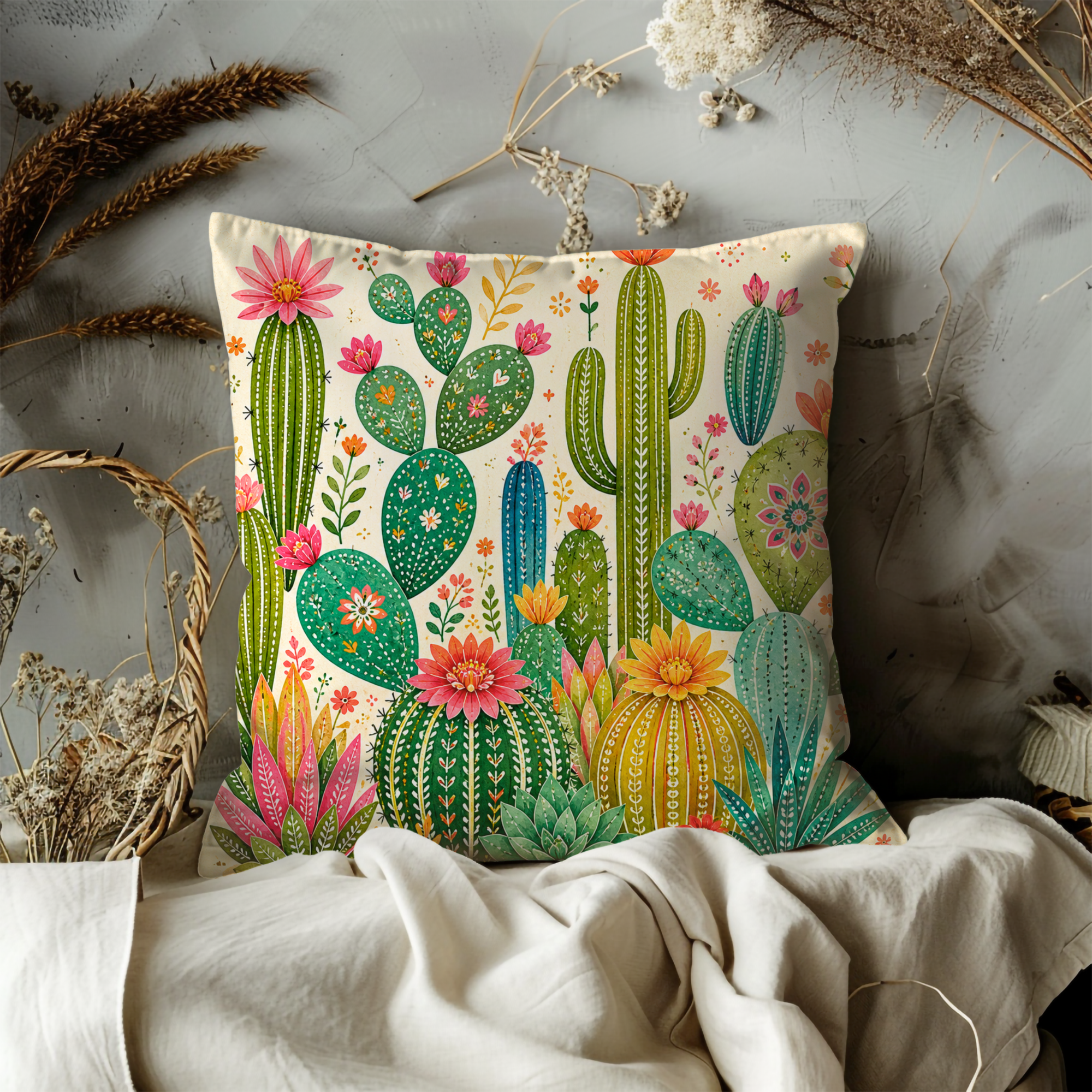 Colorful Cactus Garden Pillow Cover | Vibrant Desert Art | Cheerful Decor