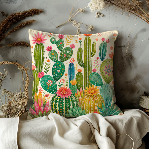 Colorful Cactus Garden Pillow Cover – Vibrant Desert Art | Cheerful Decor