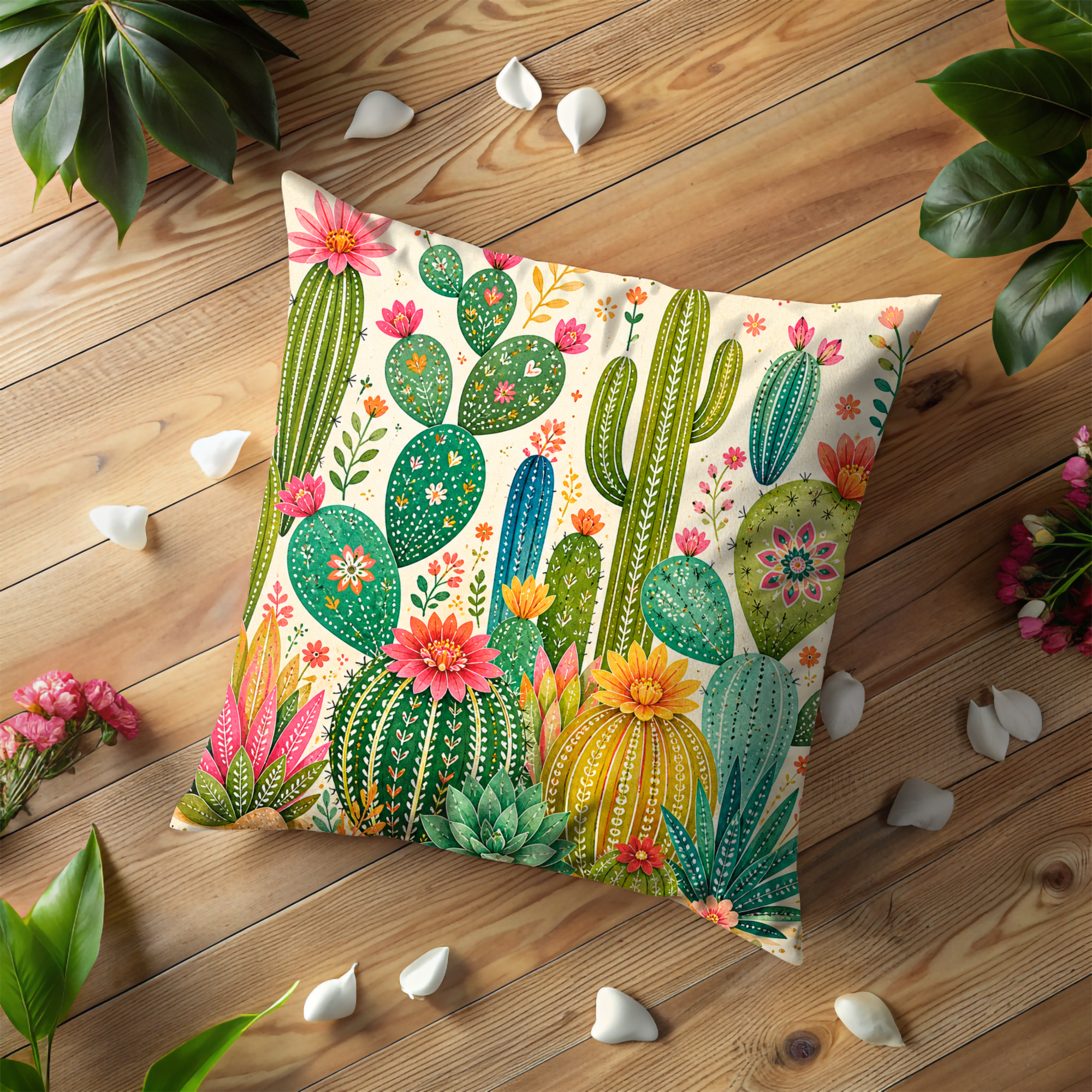 Colorful Cactus Garden Pillow Cover | Vibrant Desert Art | Cheerful Decor