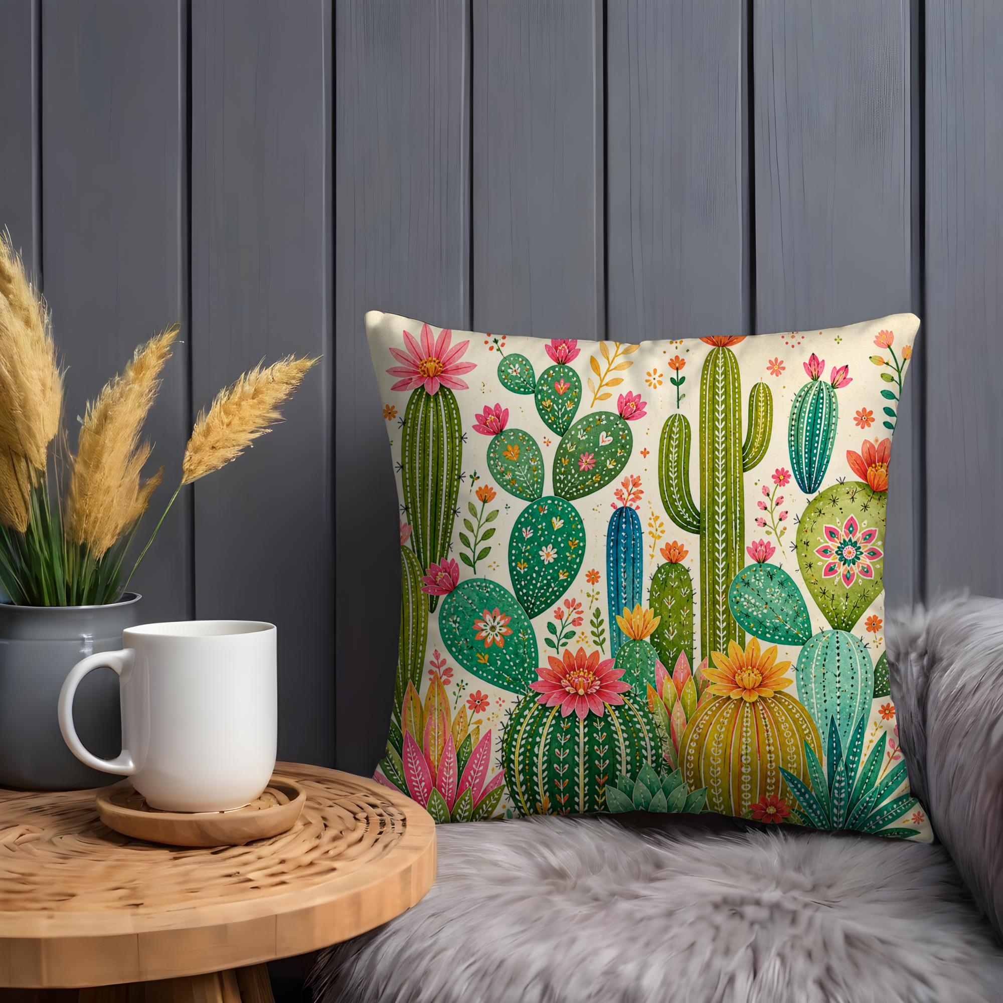Colorful Cactus Garden Pillow Cover | Vibrant Desert Art | Cheerful Decor