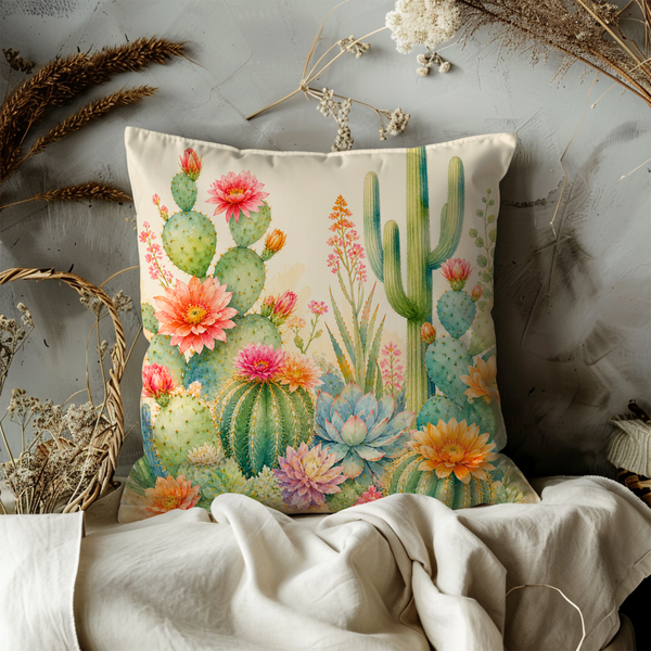 Watercolor Cactus Pillow Cover – Desert Floral Art | Southwestern Decor