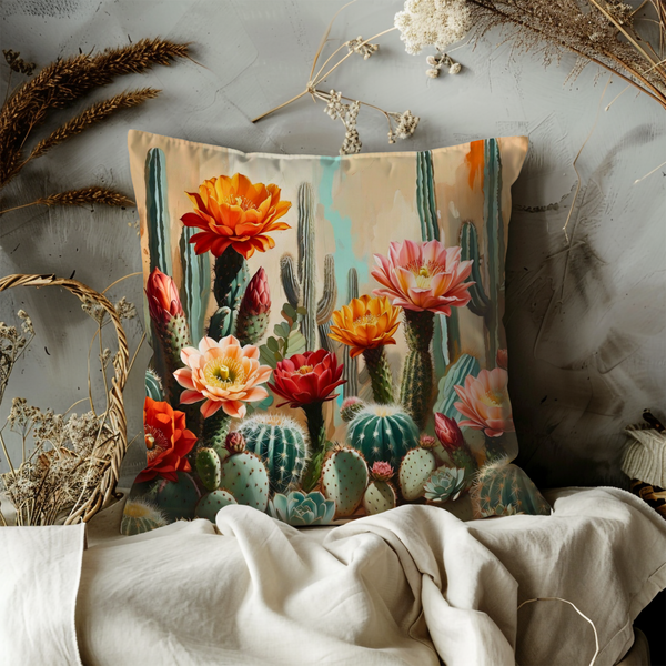 Blooming Cactus Pillow Cover – Vibrant Desert Art | Bold Nature Decor