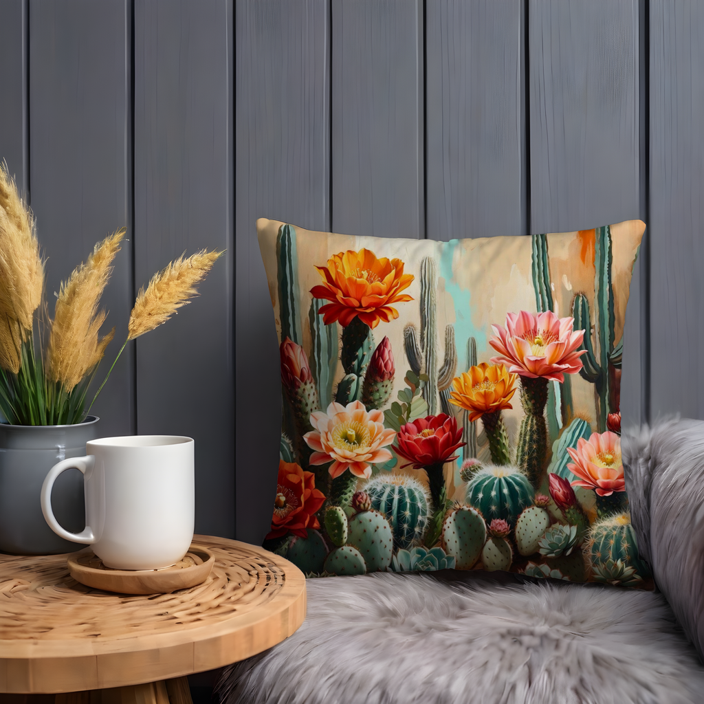 Blooming Cactus Pillow Cover | Vibrant Desert Art | Bold Nature Decor
