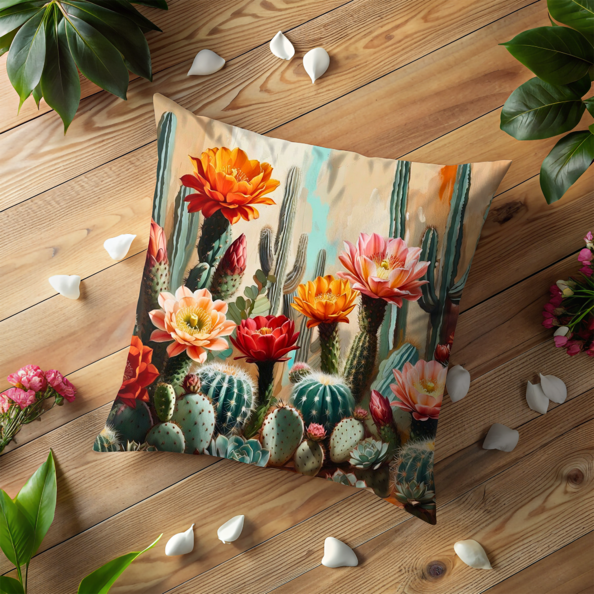 Blooming Cactus Pillow Cover | Vibrant Desert Art | Bold Nature Decor