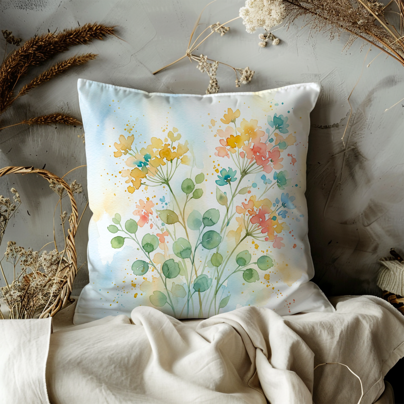 Watercolor Wildflowers Pillow Cover – Delicate Floral Art | Cottagecore Decor