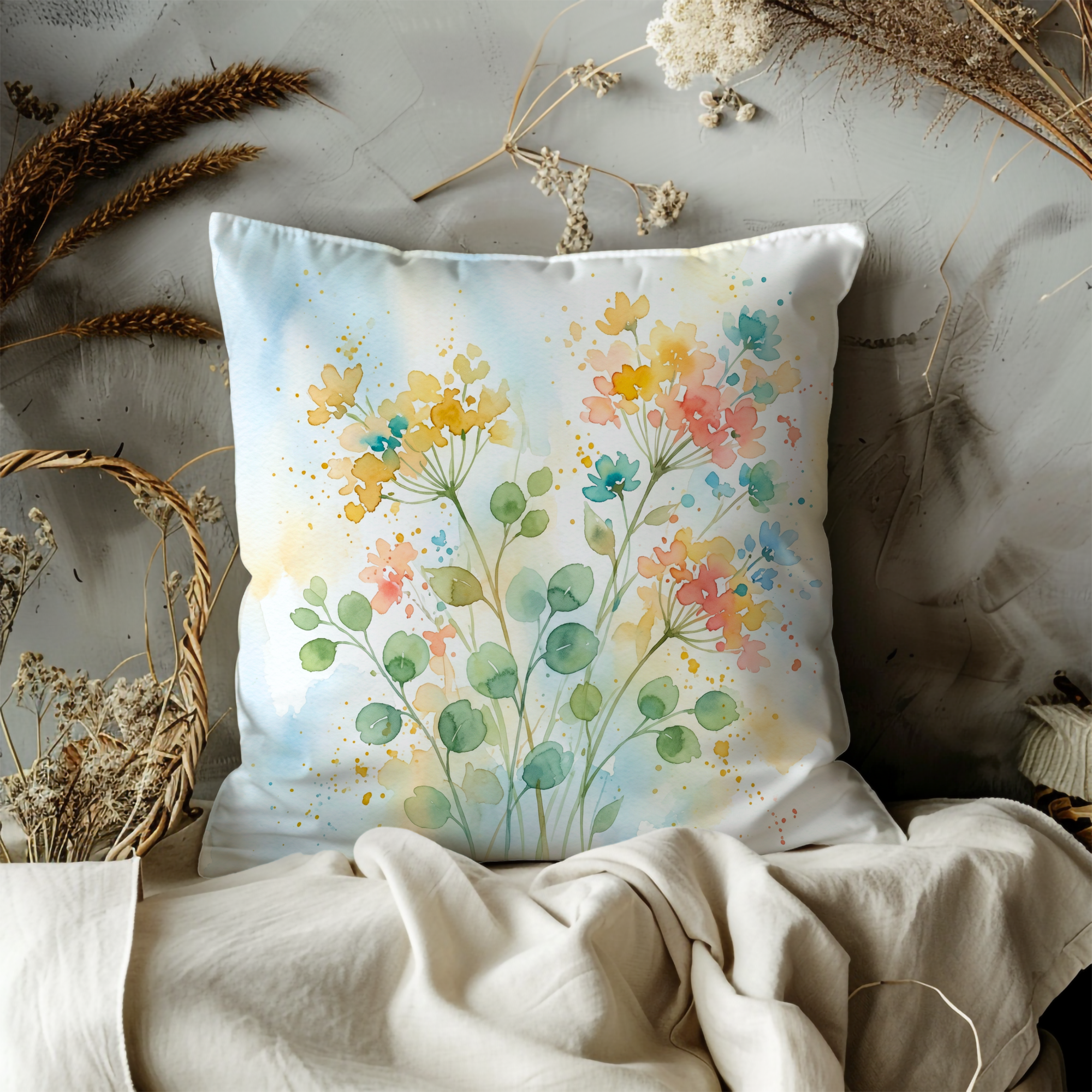Watercolor Wildflowers Pillow Cover – Delicate Floral Art | Cottagecore Decor