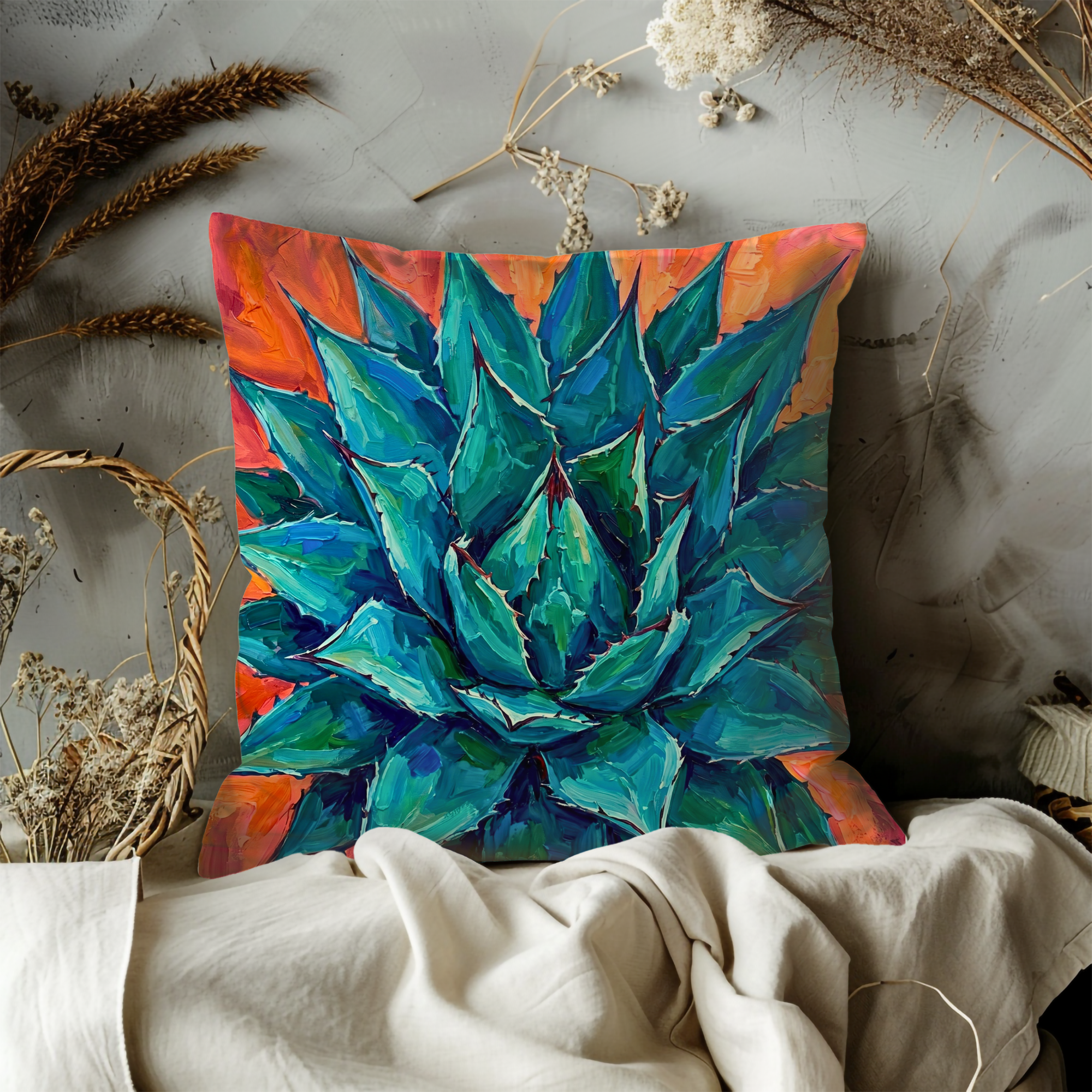 Agave Succulent Pillow Cover | Vibrant Plant Art | Bold Nature Decor