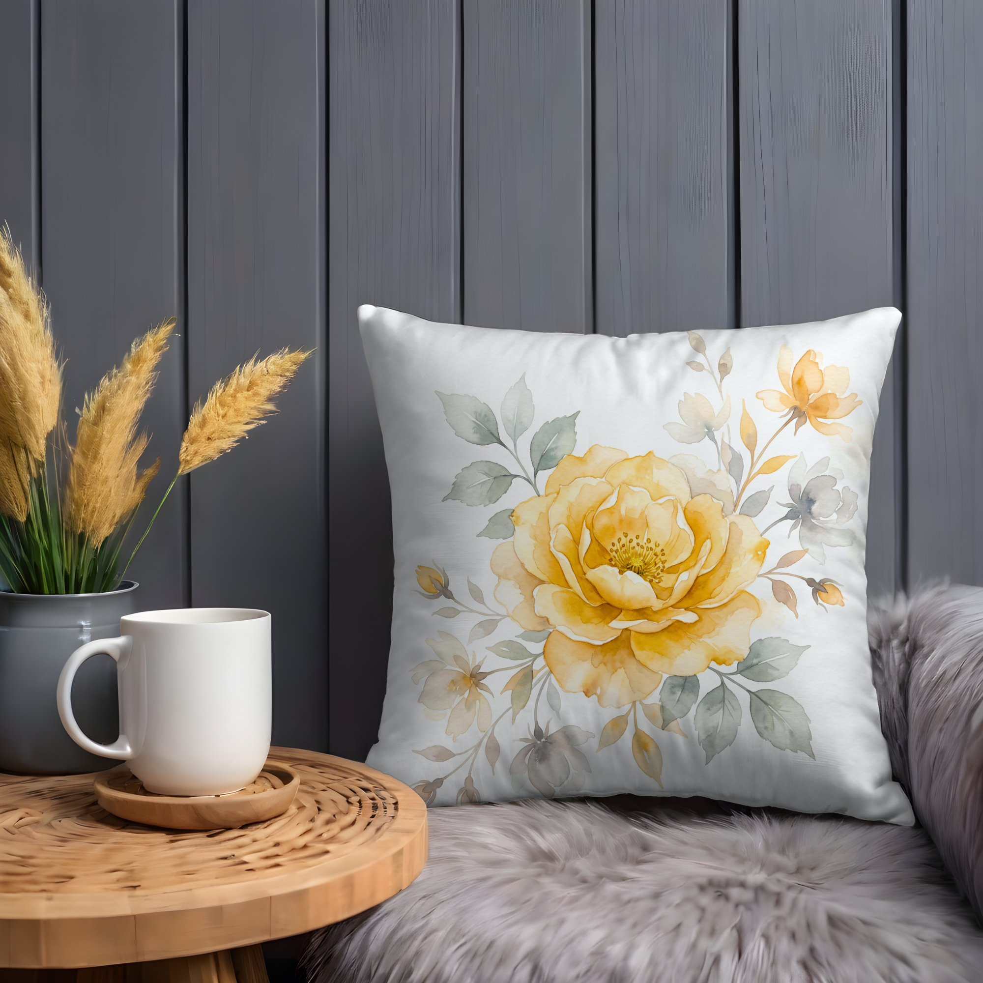 Yellow Rose Pillow Cover – Watercolor Floral Art | Cottagecore Decor