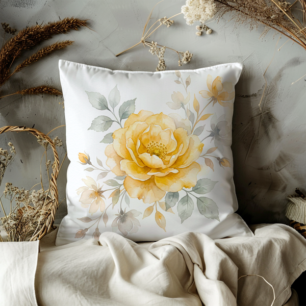Yellow Rose Pillow Cover – Watercolor Floral Art | Cottagecore Decor