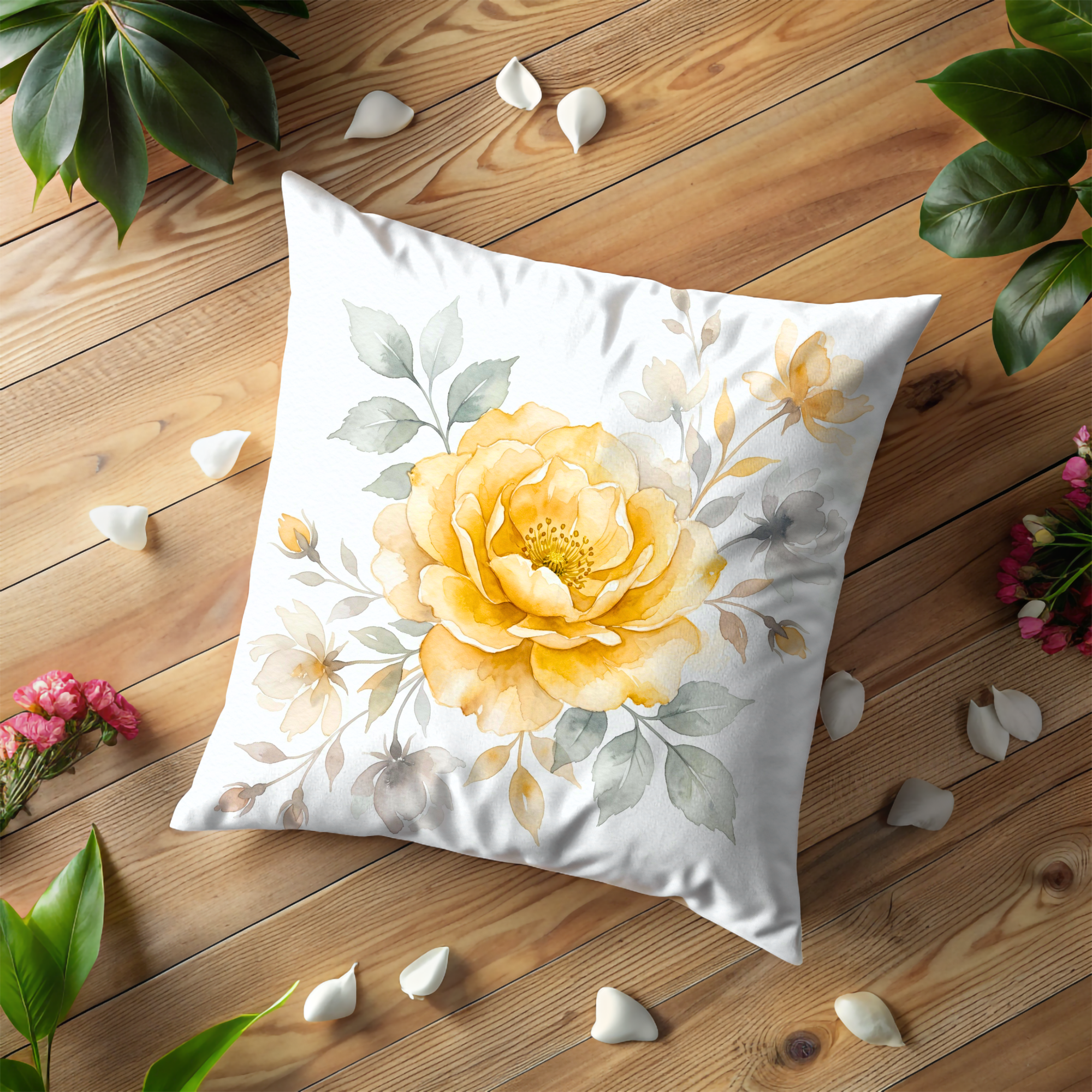 Yellow Rose Pillow Cover – Watercolor Floral Art | Cottagecore Decor
