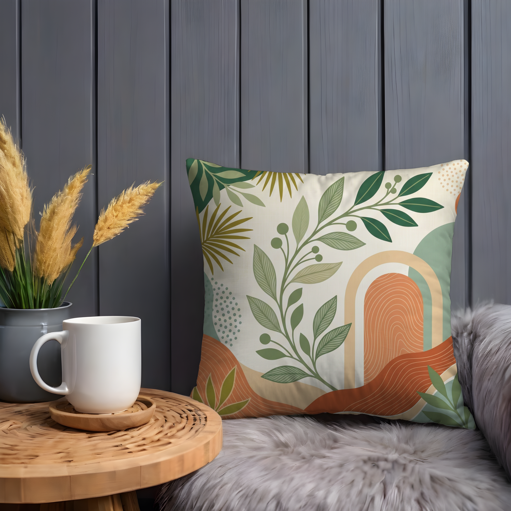 Boho Leaf Arch Pillow Cover | Green Terracotta Throw Pillow Cover | Modern Decor