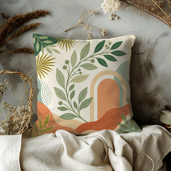 Boho Leaf Arch Pillow Cover – Green Terracotta  Cover | Modern Decor