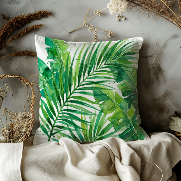 Green Palm Leaves Pillow Cover – Tropical Watercolor Art | Nature Decor