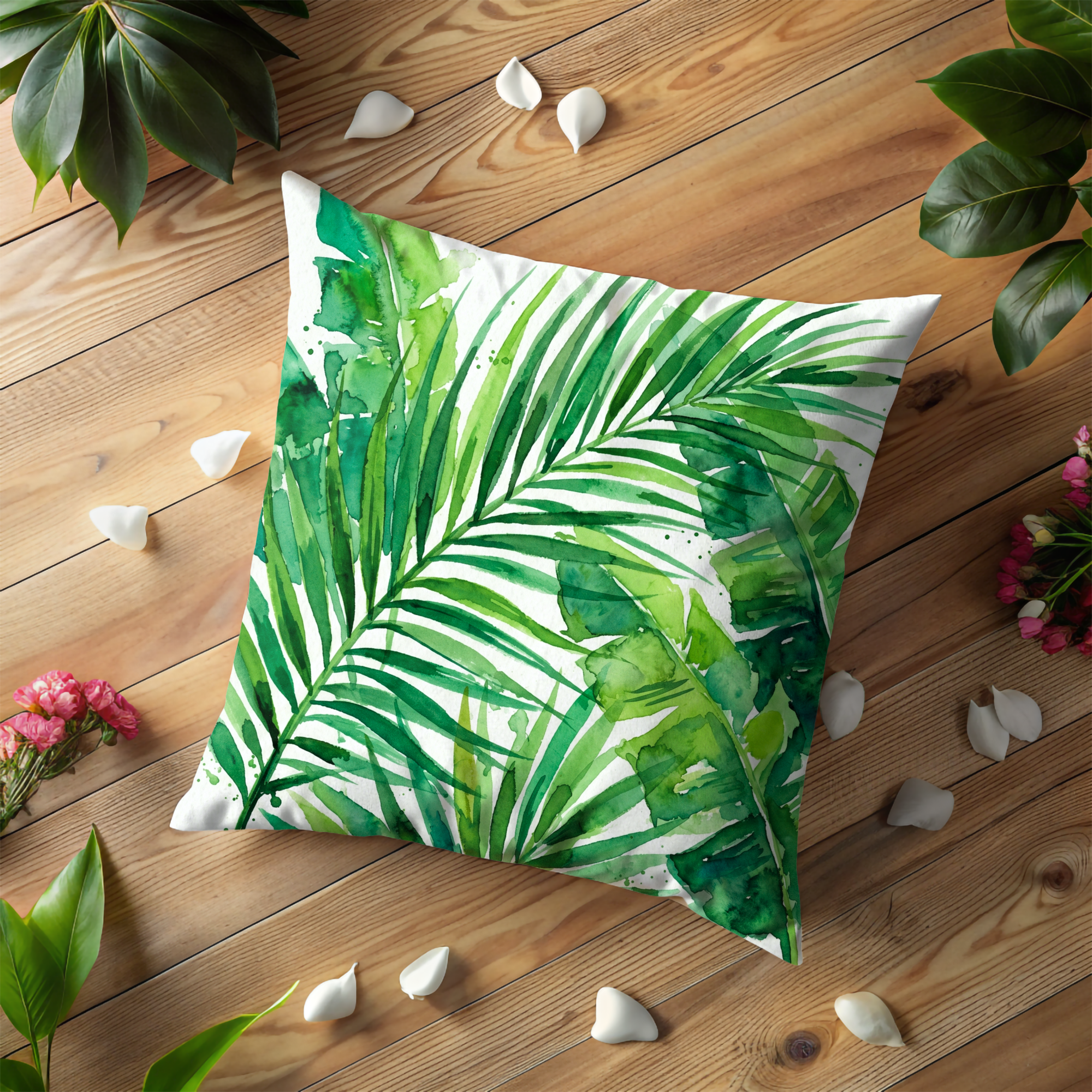 Green Palm Leaves Pillow Cover | Tropical Watercolor Art | Nature Decor