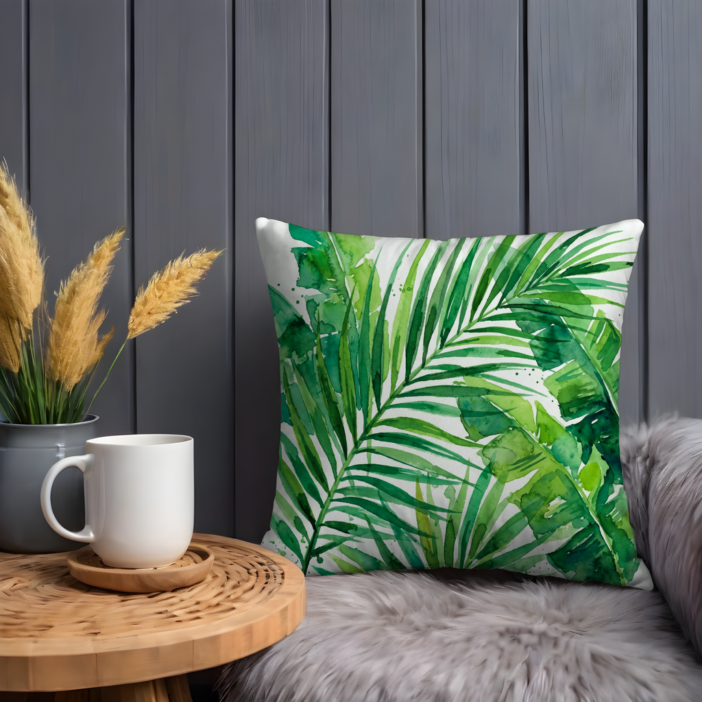 Green Palm Leaves Pillow Cover | Tropical Watercolor Art | Nature Decor